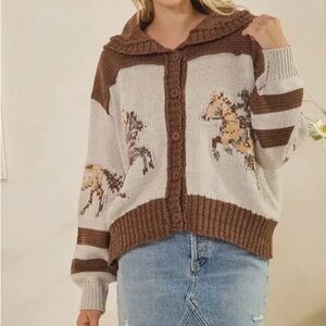 Brown and Cream Horse-Pattern Button-Up Sweater
